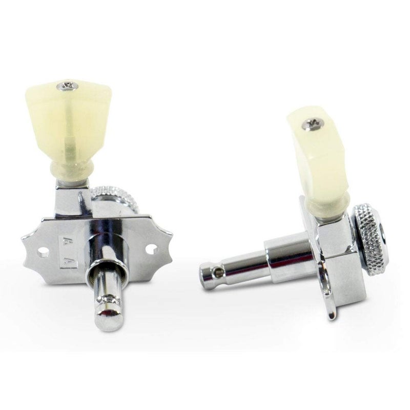 Kluson Revolution Diecast Tuners - 3 Per Side - Pearloid Keystone Button, Locking Chrome - Image 4